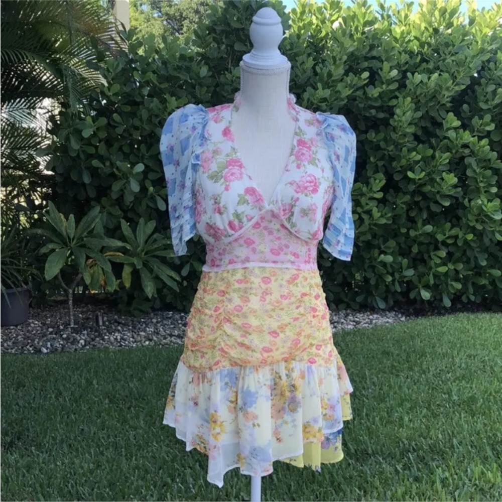 LOVESHACKFANCY ARLO DRESS PICNIC PATCHWORK DETACHABLE WAIST TIE SIZE 0 NWT